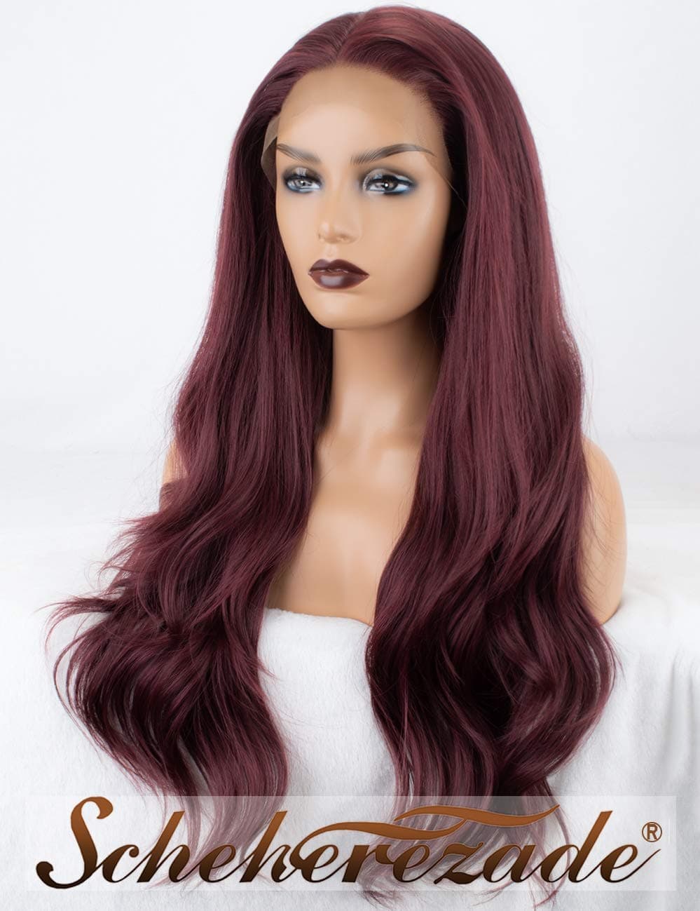 Scheherezade Long 99j Lace Front Wig Wavy Free Parting Glueless Synthetic Wine Red Wig Natural Wavy Burgundy 99j Lace Front Wigs for Women Heat Ok