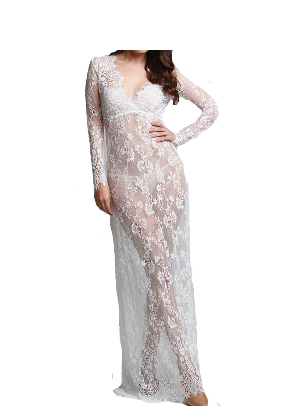Sexy See-through Deep V-neck Lace Maxi Long Tail Full Sleeve Dress for Beach