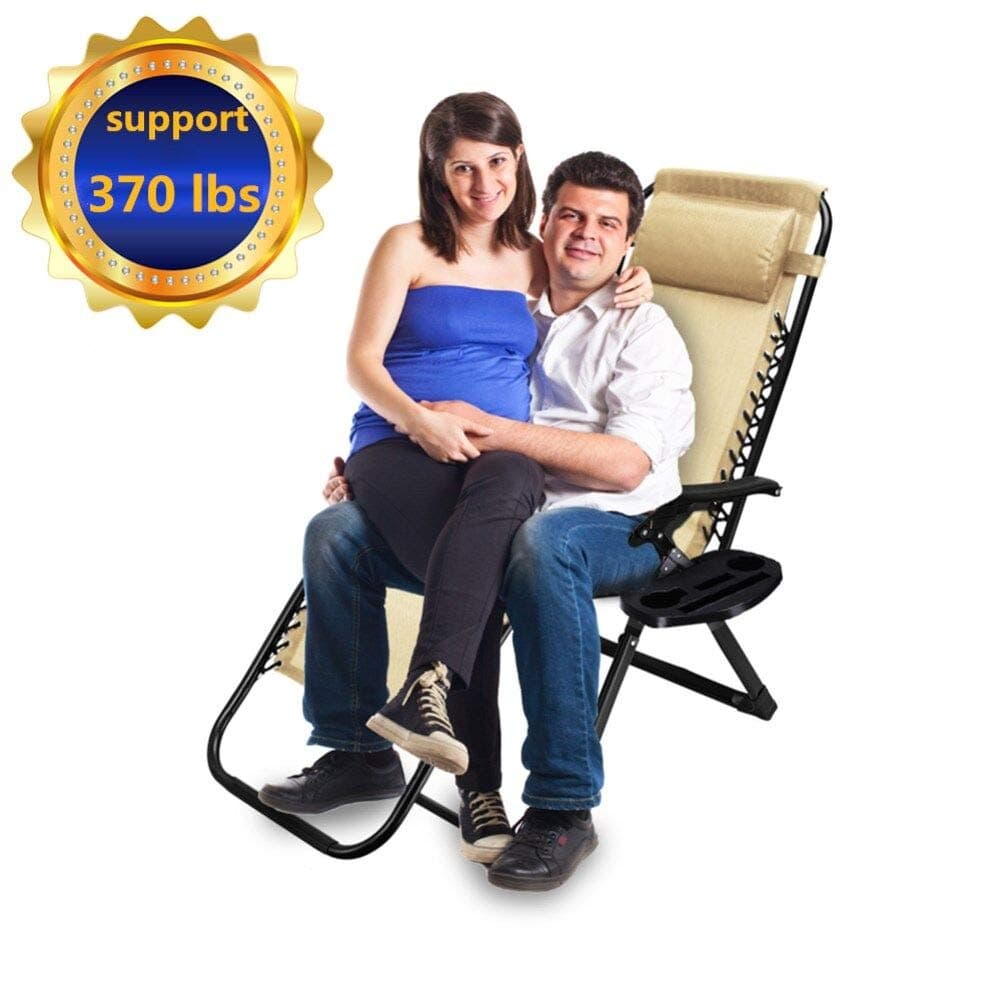 2 Pack Zero Gravity Chair, 35.4x25.6x43.3 inch Patio Lounge Chair,Support 370 lbs with Cup Holder (Beige)