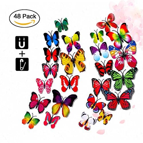 Rquite 3D Lifelike Butterfly Wall Stickers, 48PCS 3D Artificial waterproof Butterfly Decor Refrigerator Magnet Curtain Pin Wall Stickers Decals for Nursery Bathroom Office Kids Bedroom-Multi-color