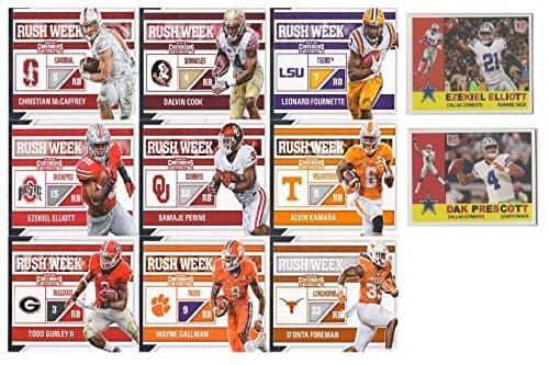 (12 Card Set) 2017 Panini Contenders Draft Picks RUSH WEEK Set of 10 Football Cards Featuring Leonard Fournette, Cook, McCaffrey, Elliott and Henry + Extra Dak Prescott and Ezekiel Elliott Cards