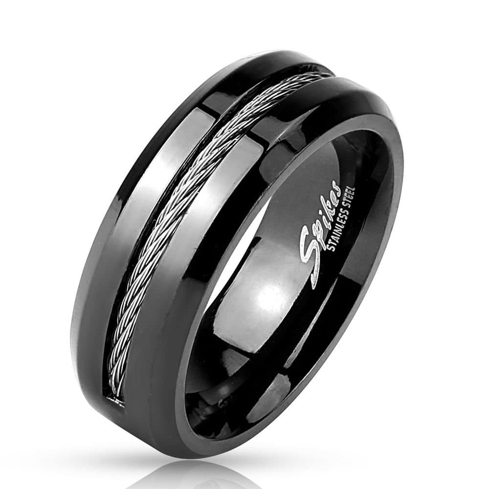 men's stainless steel black ring with cable centre ring, (women's ring, finger ring, partner ring, engagement ring, wedding ring, stainless steel ring, surgical steel)