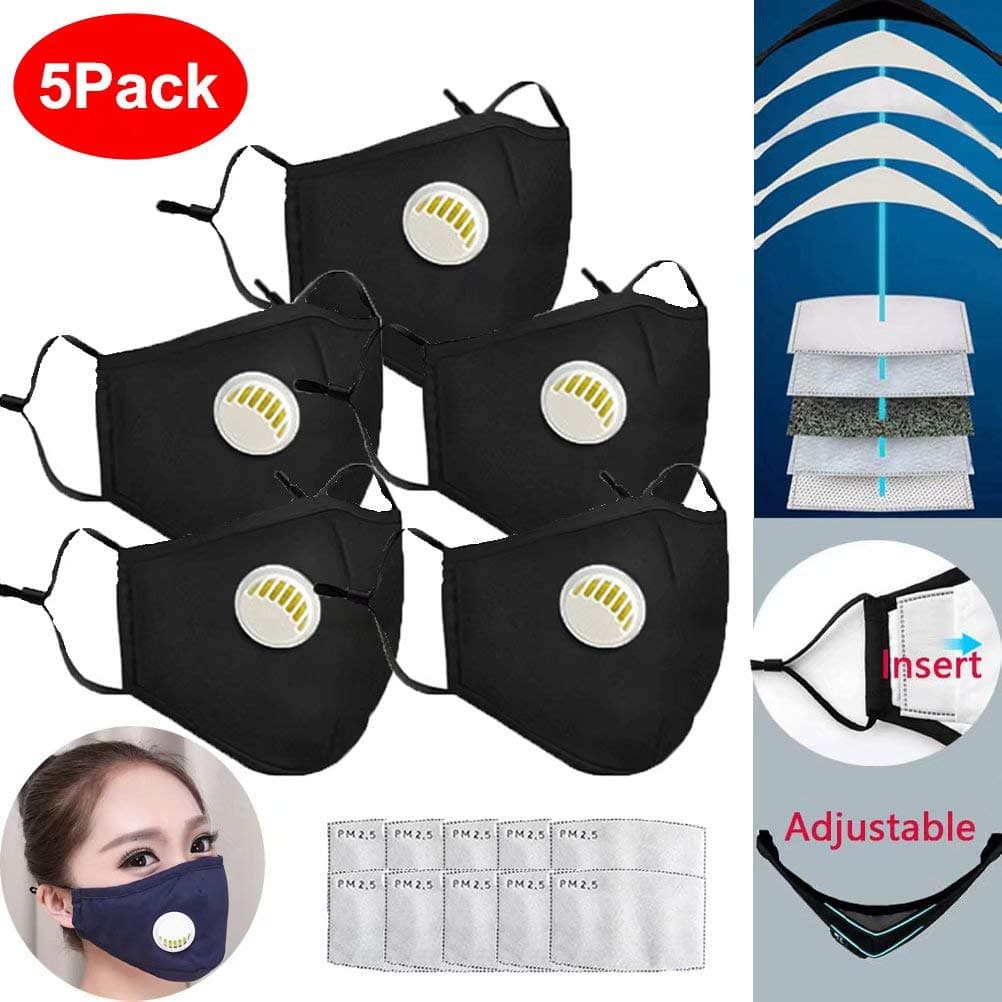 5 Pack PM2.5 Cotton Face Mask Washable Activated Carbon Filter Respirator Mouth Masks Dustproof Earloop Safety Mask,with 10Pcs Filters