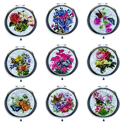 Ladies Premium Cosmetic Compact Mirror Flower Pattern (6 Pack Mix Bundle) (6 Pack)