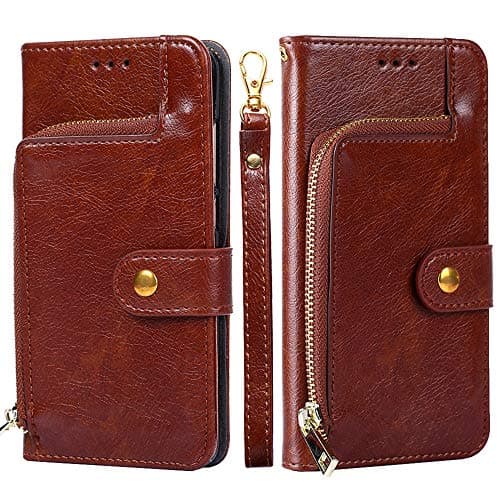 Leugel Wallet Case for OnePlus 7 Pro, Premium Leather Zipper Wallet Multifunctional Accessories Removable Card Slot Pocket Pouch Flip Protective Cover for OnePlus 7 Pro - Brown