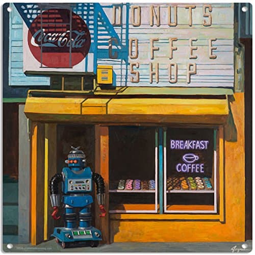 Blue Zeroid Robot Donuts Coffee Shop Retro Sci-Fi Metal Sign 12 x 12