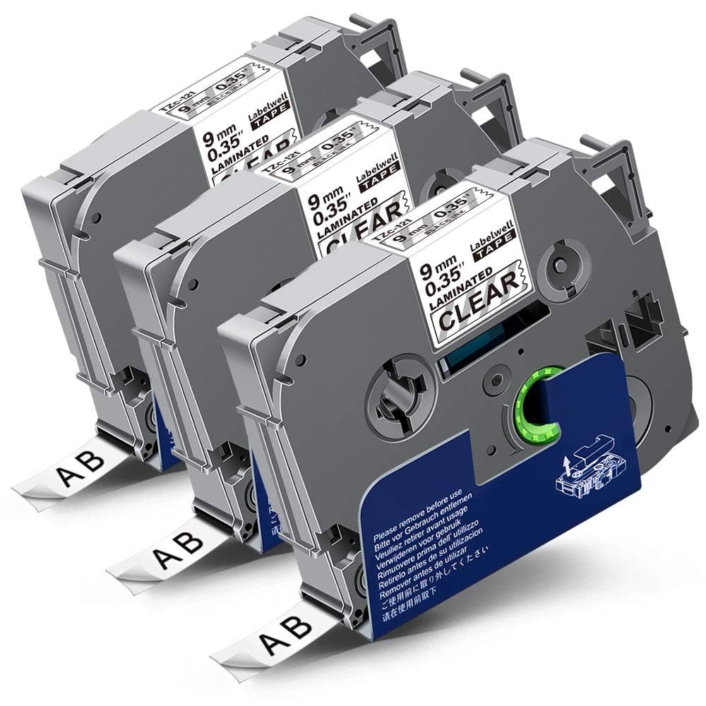 Labelwell 3X 9mm x 8m Black on Clear Compatible Labelling Tape Replacement for Brother Tz Tze-121 Tze121 Tzc-121 Cassette for Brother PTH101C H110 H105 2030VP P750W H101GB D210VP H101TB