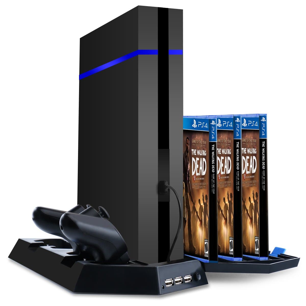 Samoleus Vertical Stand with Cooling Fan, Dual Charging Station with 14 Game Storage Slots and 3 USB Ports for Playstation 4, 4 Slim and 4 Pro