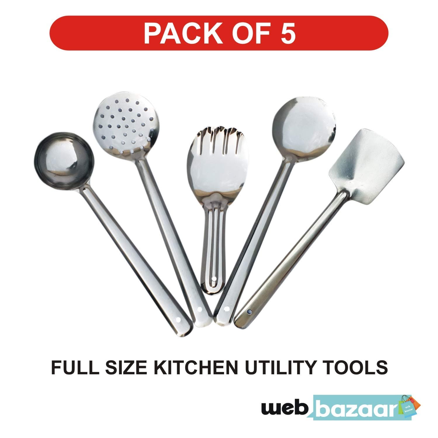 WEB BAZAAR Stainless Steel Cooking and Serving Spoon Ladle, 13 Inch, Silver -Set 5 Pieces