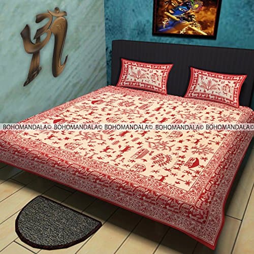 Hand Screen Printed Cotton Double Queen Bedsheet Bedspread Bedcover With Matching Pillow Cases By Bohomandala