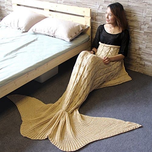 WOPS Warm and Soft Knitting Mermaid Tail Blanket More diffenrent Colors Mermaid Blanket Sleeping Bag for Kids and Adult 75"x 35"(180x80cm) (Beige&amp;Stripe)