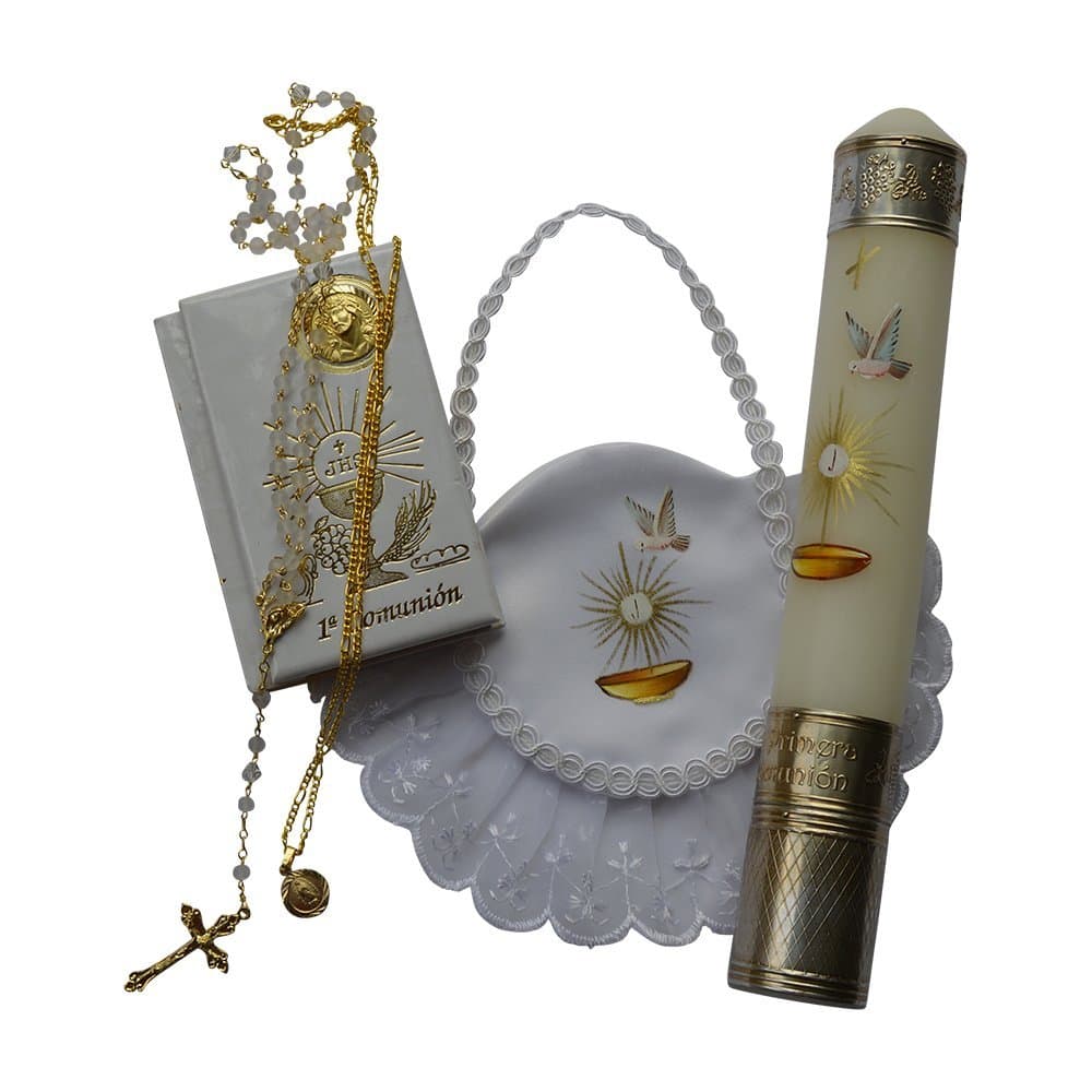 Grahmart First Holy Communion Devotional Candle Set: Bible, Rosary, Collar and Bow Tie or Alms Bag, 5 Piece Boxed Gift Set (Holy Spirit Girl)