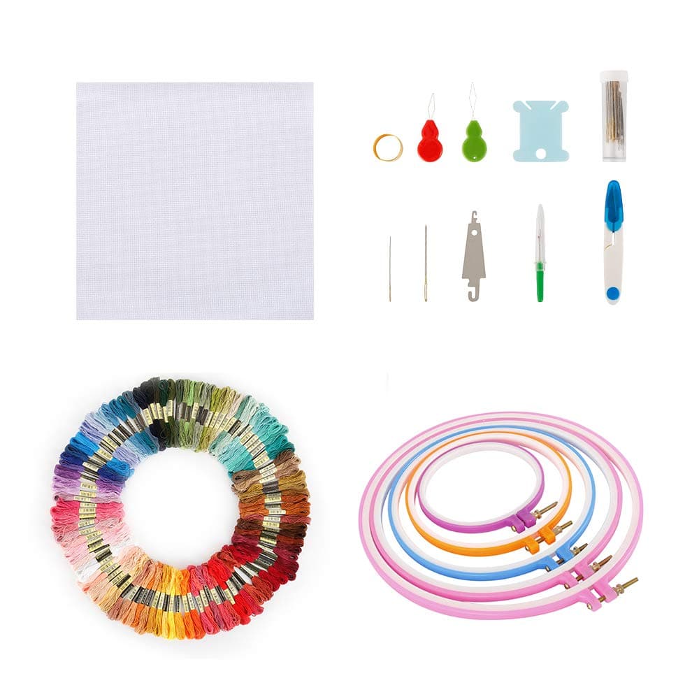 Embroidery Starter Kit for Beginner Cross Stitch Tool Kit with 5 Bamboo Embroidery Hoops 100 Color Threads and Tools (100 x Threads)