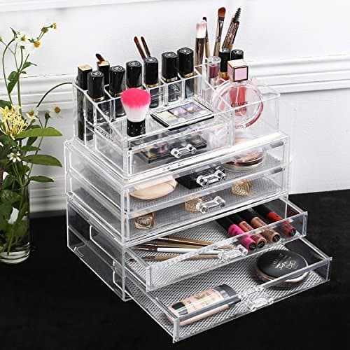 Ikee Design Large Makeup Organizer Jewelry Storage Case Three Pieces Set with Gray Nylon Mesh Pad (4 Flat Drawers, 1 Small Drawer)