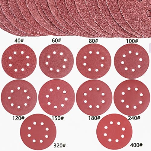 GeMoor 80 Pcs 5 Inch 8-Hole Sanding Discs with 10 Grids Sandpaper - Hook and Loop Sanding Disks Assorted 40/60/80/100/120/150/180/240/320/400 Grits for Random Orbital Sanders