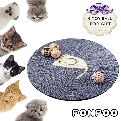 Cat Scratcher pad By FONPOO, Exclusive version Hand Made Round Sisal Hemp Scratching Pad 4 toy balls for gift