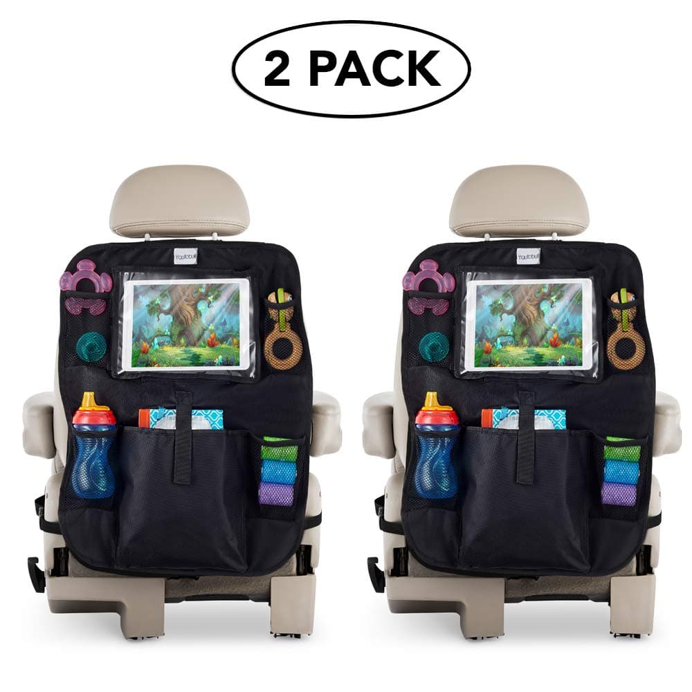 2 Pack Autobull Multi-Pocket Car Seat Organizer and Kick Mat with Clear Tablet Pocket (9.7 inches) for Baby, Kids and Children