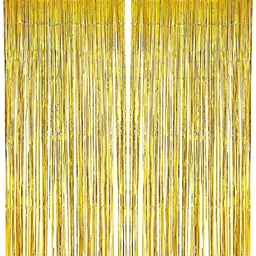 FUNPRT 3.2 FT x 9.8 FT Gold Metallic Tinsel Foil Fringe Curtains Wedding Birthday Party Baby Shower Decoration (Gold,Pack of 2)