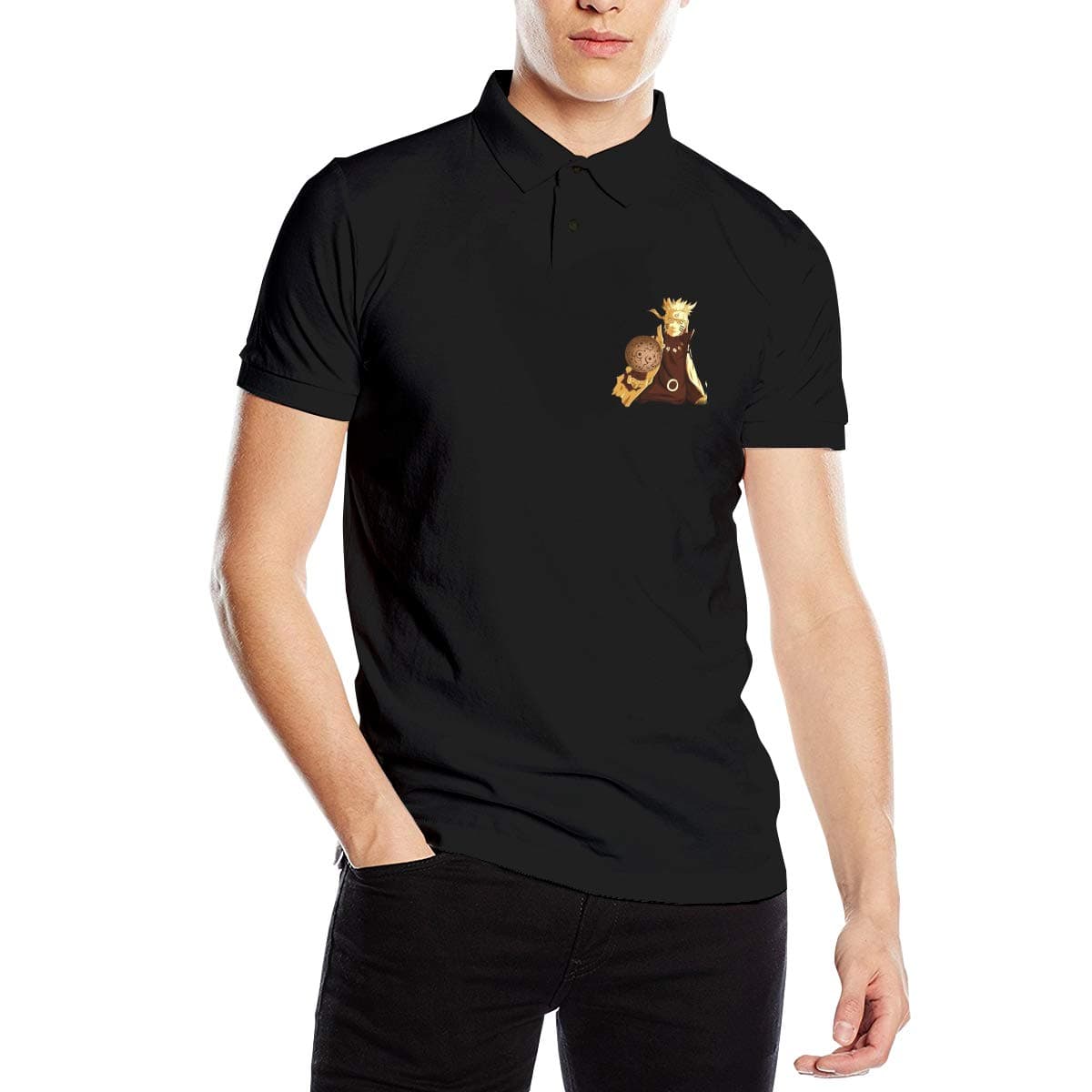 TOMFOXS Domineering Naruto Customized Short Sleeve Polo T for Man Black