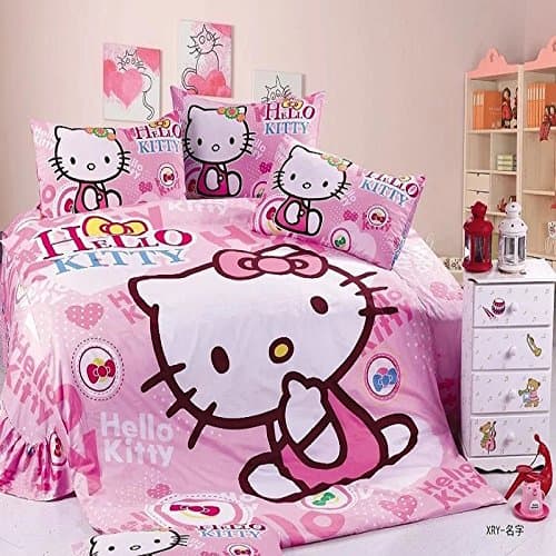 3d hello kitty girls bedding set 2/3pcs twin/single size duvet cover bed sheet pillow case bed linen set/pink (single, pink)