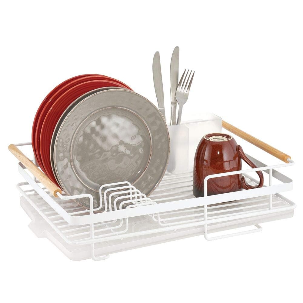 mDesign Dish Drainer Rack — Dish Dryer Set for Plates, Bowls, Mugs, Glassware and Cutlery — Plate Drainer with Drip-Dry Tray for Excess Water — Matte White/Natural