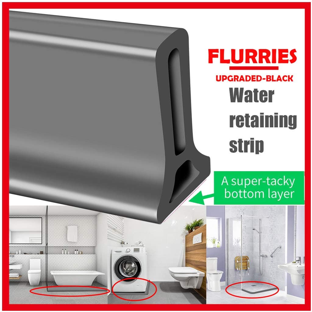 Collapsible Threshold Water Dam - Self-Adhesive Bendable Silicone Bath Shower Barrier Retainer - Waterproof Water Flow Block Seal Strip - Home Retention System Bathroom Kitchen (1M/39.4'', Black)