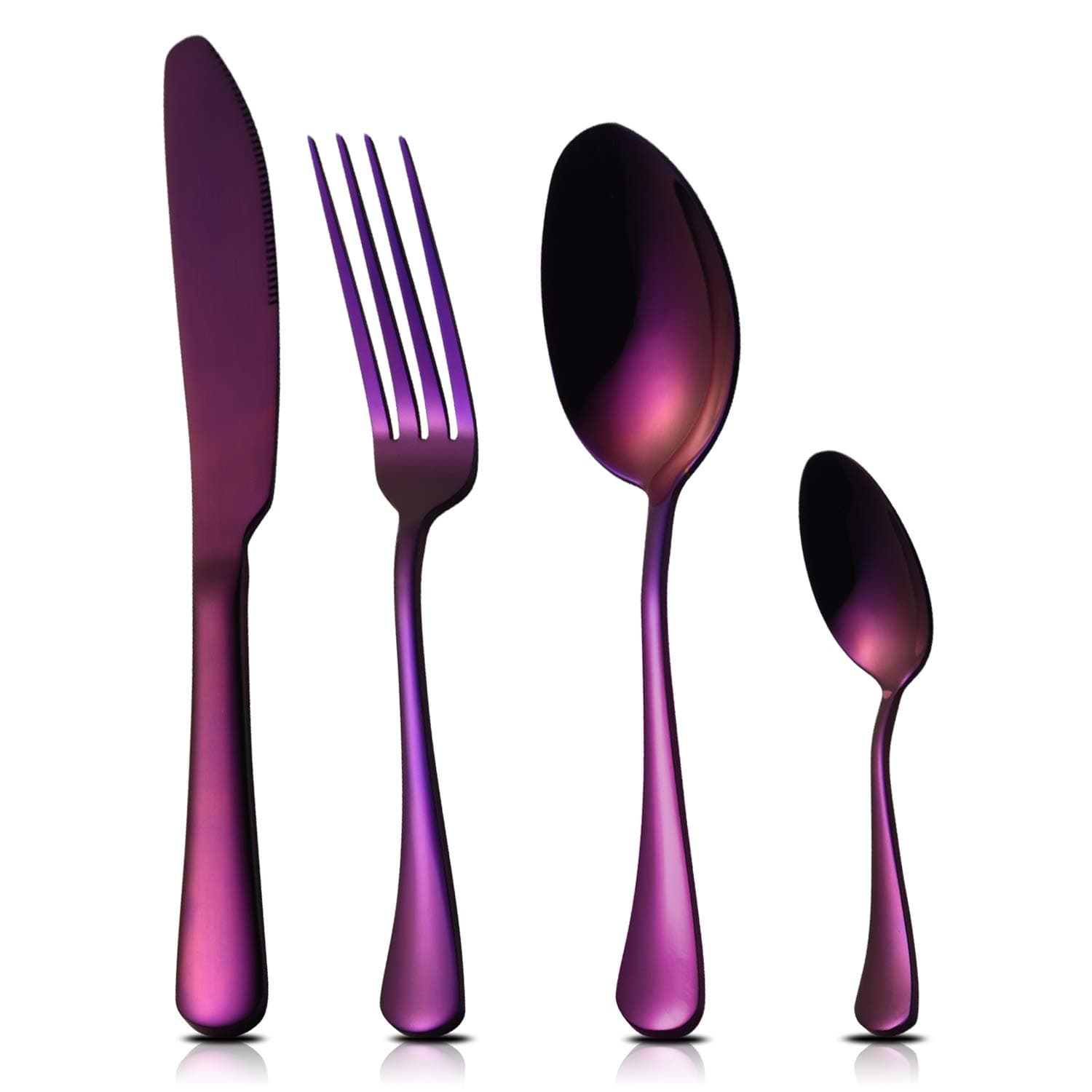 RIELD 16-Piece Essential Flatware Set, Purple Rust-Resistant Stainless Steel Silverware Tableware for 4, Finely Polished Surface, Smooth Round Edges, Dishwasher Safe