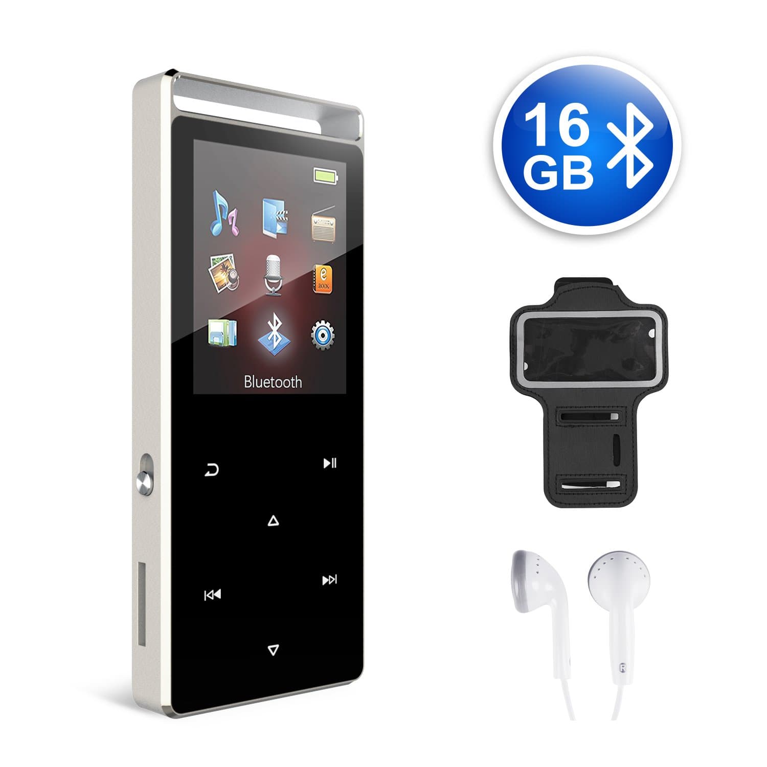 MP3 Player 16GB Bluetooth MP3 Digital Music Player with FM Radio, Voice Rocorder, Pedometer,HIFI Lossless Stereo Sound Metal Sport Player with Armband, Earphone, USB Cable