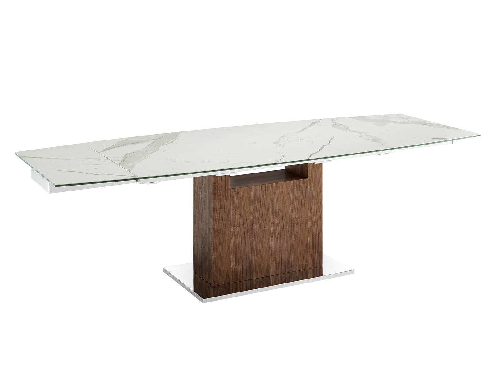 Talenti Casa Olivia Motorized Dining Table in White Marbled Porcelain top on Glass with Walnut Veneer Base.