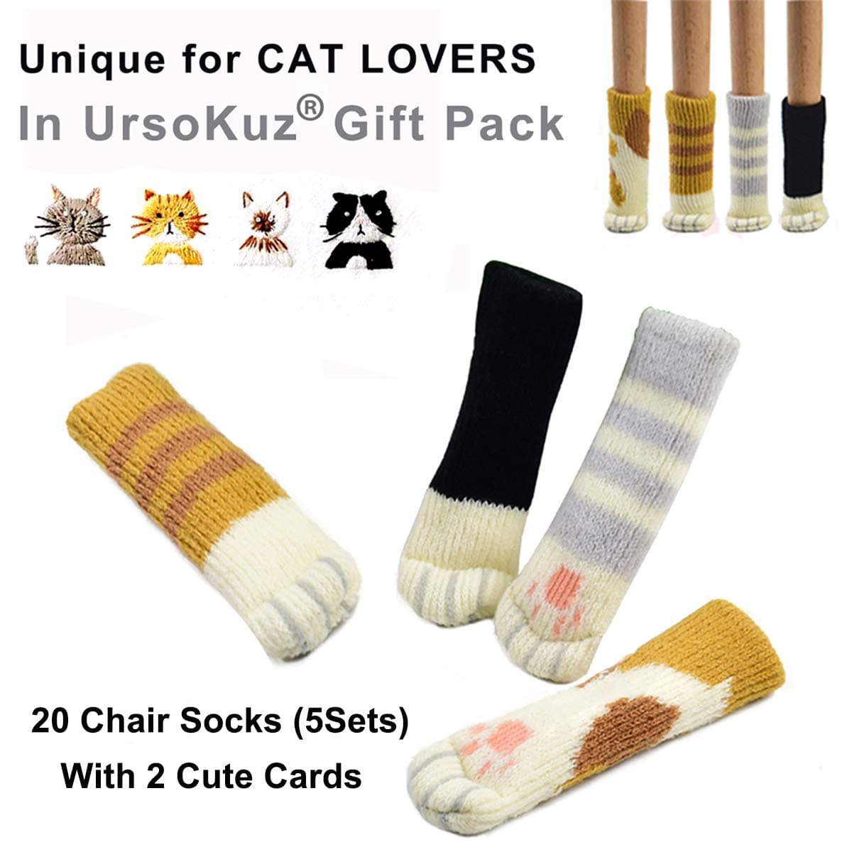 20PCS (5 Sets) Chair Socks Fancy Table Leg Pads with Cute Cat Paws Design, Reliable Furniture and Floor Protector, 4 Different Patterns + 1 Black Pattern - Pack of 20 Socks