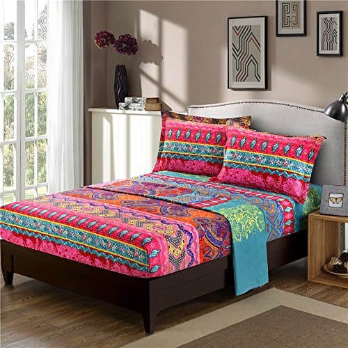 YOU SA Brushed Cotton Boho Floral Print Bed Sheet Set Bohemia Fitted Sheet/Flat Sheet/2 Pillow Shams (King/4Pcs,04)