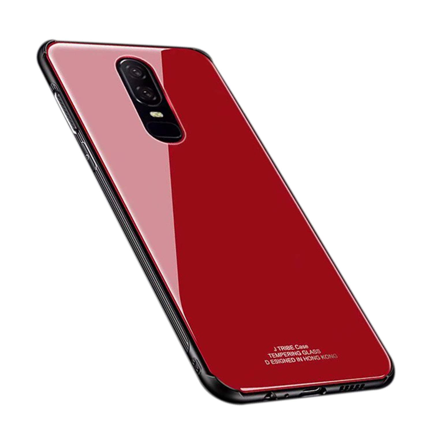 UNIYA OnePlus 6 Case, Slim Fit Tempered Glass Back +Soft TPU Bumper Scratch Resistant Case (Red)