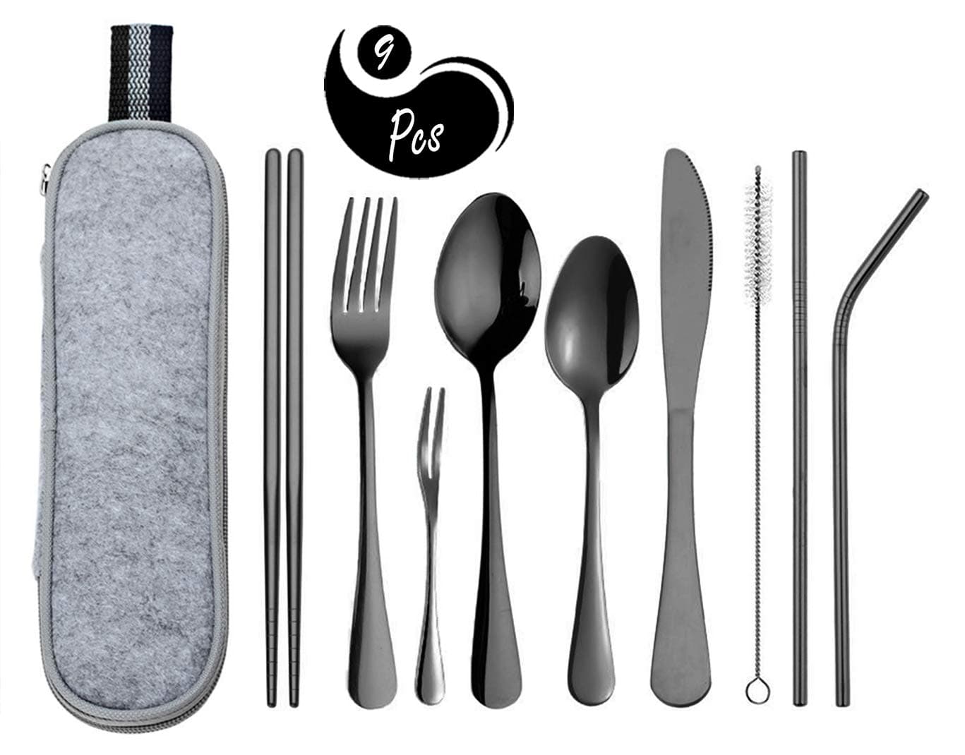AARainbow 9 Pieces Stainless Steel Flatware Set Reusable Cutlery Set Travel Utensils Set Chopsticks Knife Fork Spoon Portable Dishwasher Safe (B-9 Black)