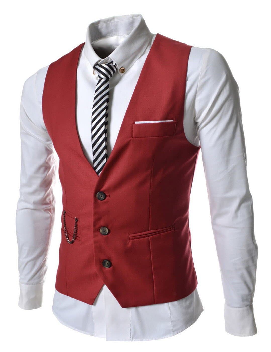Showblanc (SBSVE) Homme Figure Hugging Chain Point 3 Button Simple Waistcoat RED US XS(Tag size M)