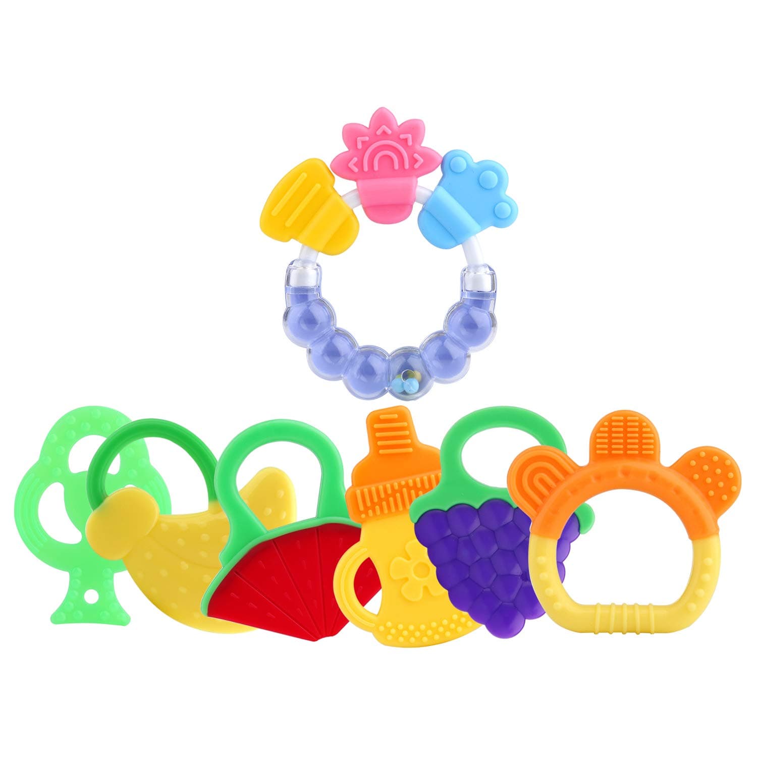 Baby Teething Toys,Gel Teether Keys, Fruit Baby teether for 3-12 Months Infant,Teether Holder, Best for Sore Gums Pain Relief, BPA Free & Freezer Safe-7 Pack
