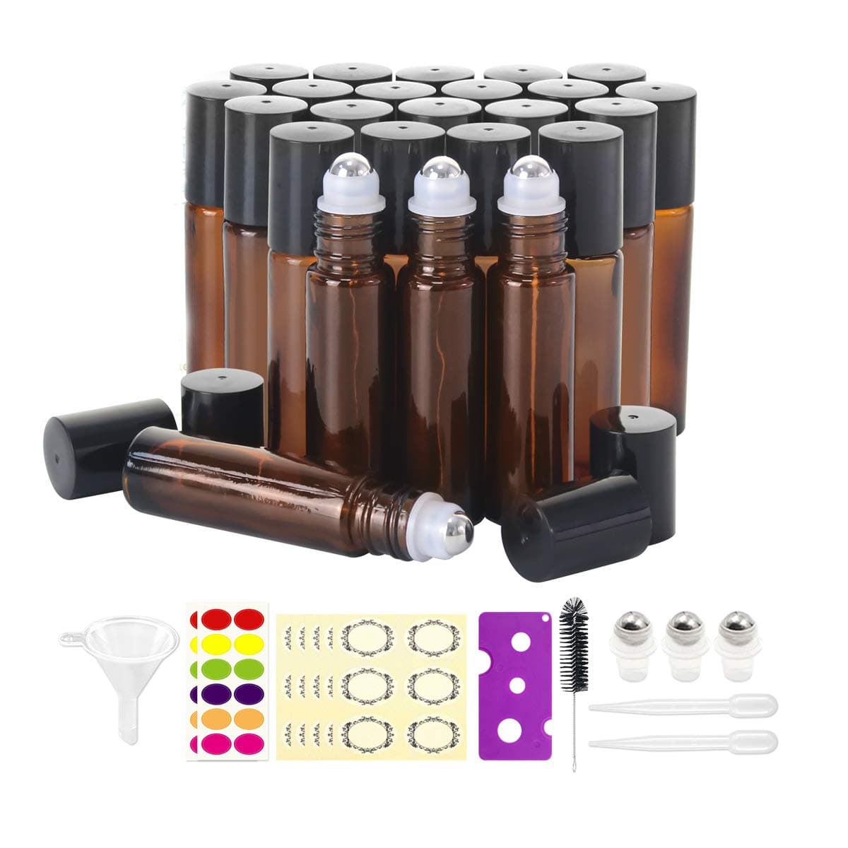 24, 10ml Roller Bottles for Essential Oils - Amber, Glass with Stainless Steel Roller Balls by Mavogel (3 Extra Roller Balls, 54 Pieces Labels, Opener, Funnel, Dropper, Brush Included)