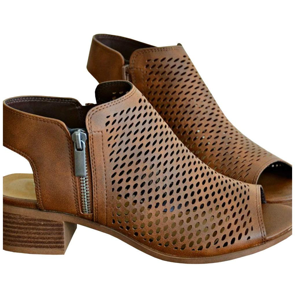 LAICIGO Women’s Perforated Booties Open Toe Stacked Heel Side Zipper Slingback Cutout Summer Sandals