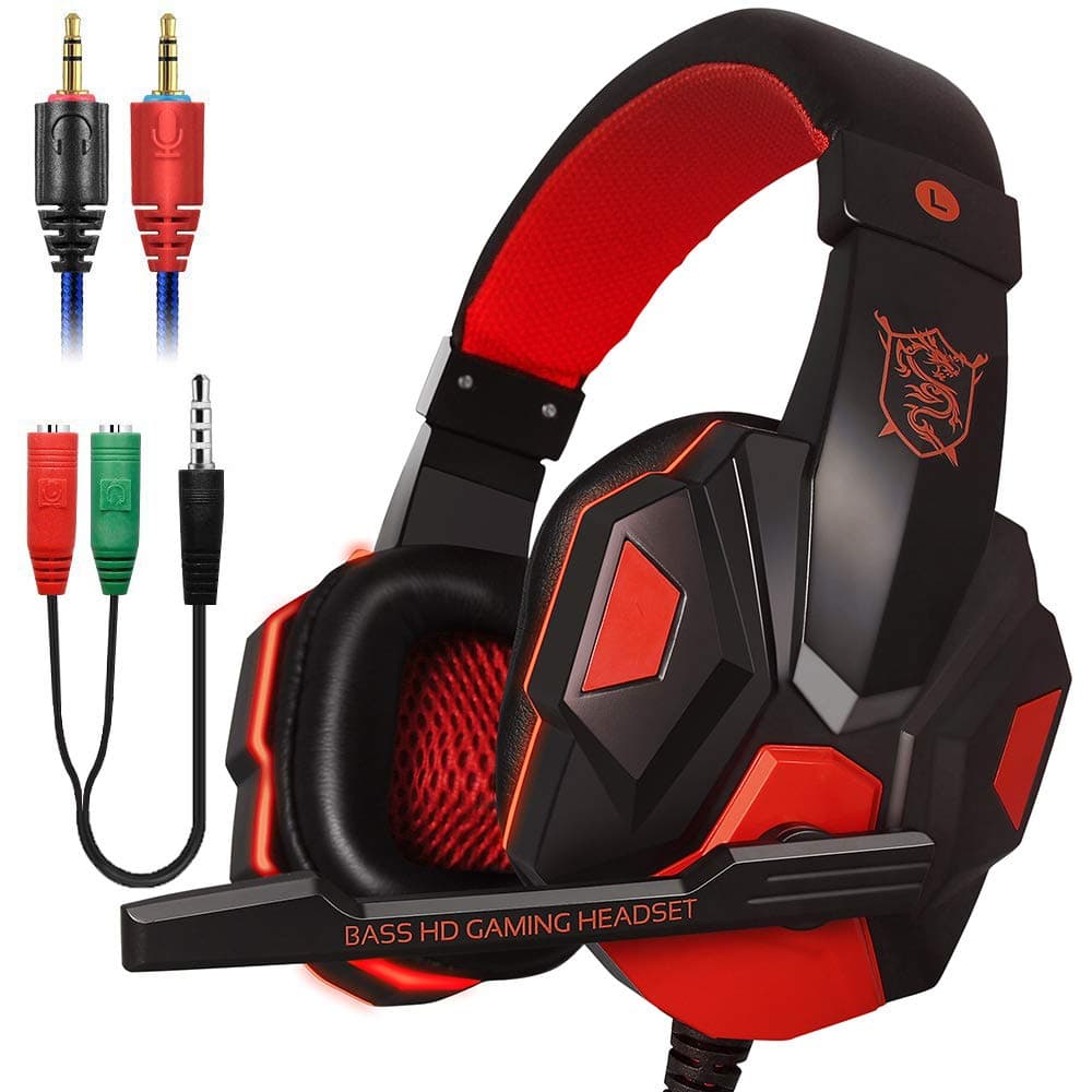 Xmowi 3.5 mm Wired Noise Isolation Gaming Headset and Audio Y Splitter Cable (1 Male to 2 Female) with Mic, Vol Control for Laptop Computer, Cellphone, PS4 (Red)