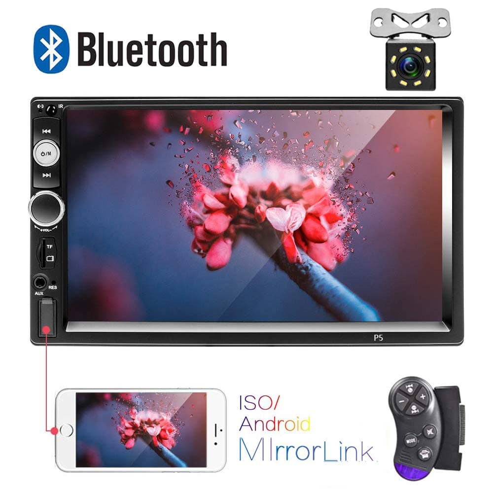 AMprime Bluetooth Car Stereo 2 Din 7 Inch Touch Screen Car Radio FM Receiver MP5 Player Mirror Link for iOS/Android Phone with Dual USB AUX-in SD Slot+ Backup Camera + Steering Wheel Remote Control