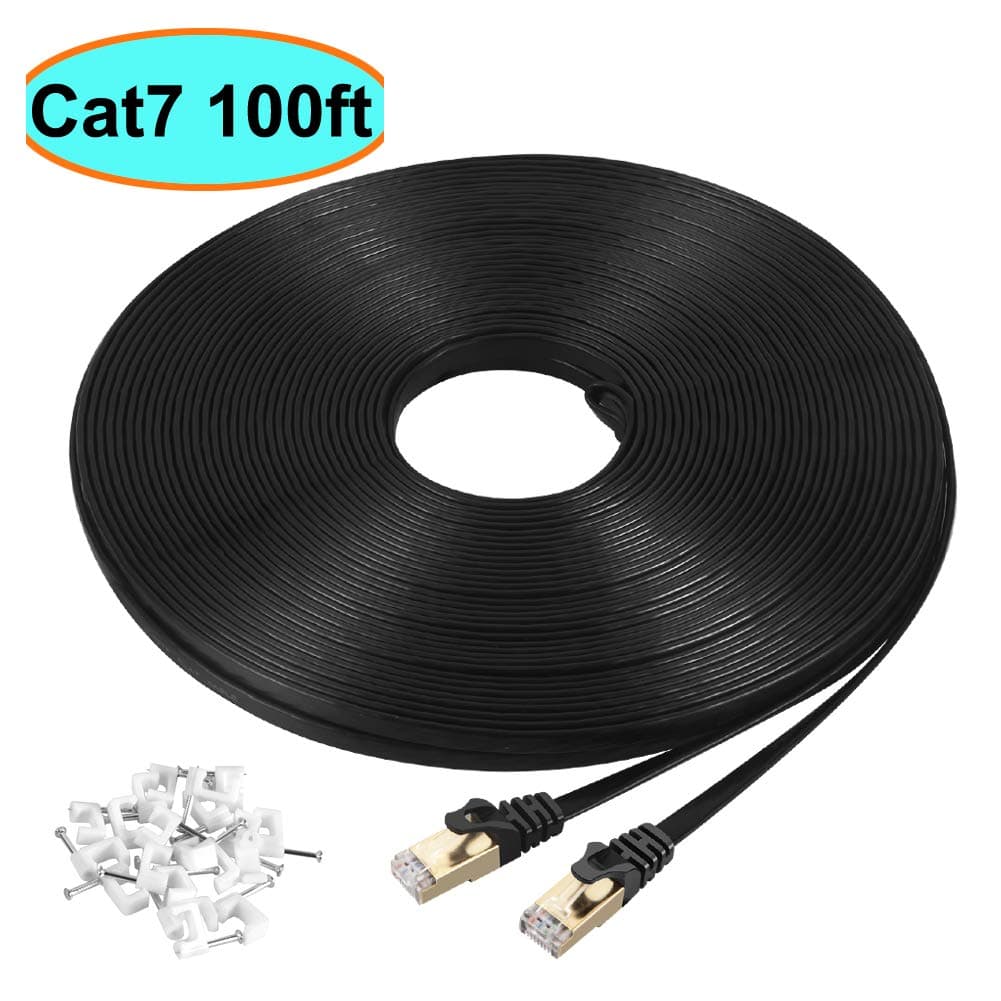 Cat7 Ethernet Cable 100 ft Black Shielded (STP), AULLOV High Speed Flat RJ45 Cat-7/Category 7 Internet LAN Computer Patch Cord Cable, Faster Than Cat5/Cat6-100 Feet Black (30 Meters)