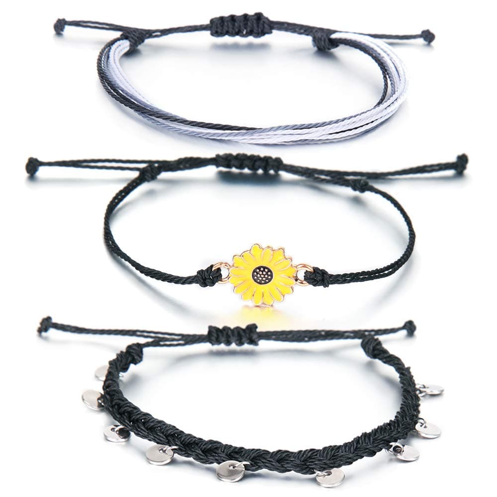 Braided String Bracelet Waterproof Adjustable Boho Rope Bracelet Set Sunflower Turquoise Cactus Pineapple Charm Bracelet for Teen Girls