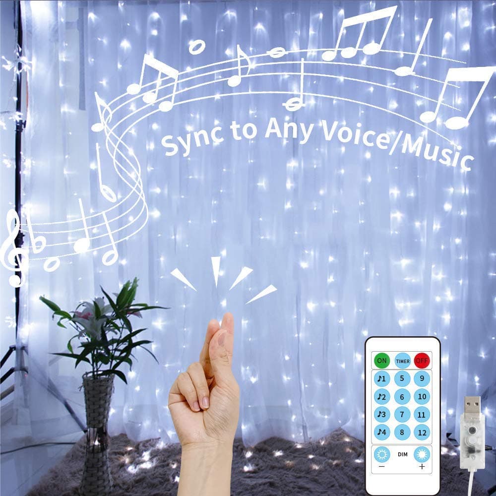 White Curtain Lights String,9.8Ftx9.8Ft 300 LED Hanging Fairy Lights with Remote for Bedroom Wall Decor,Sync Music Setting & 8 Modes with Auto On/Off Timer