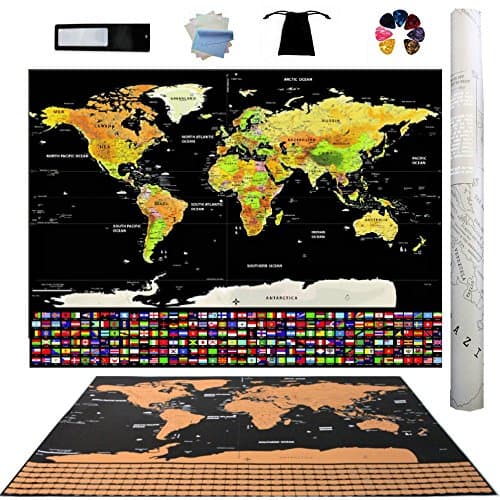Scratch Off World Map Poster + Card Magnifier - Detailed Map with US States and all Country Flags. Map is Included With Scratch Pick & Clean up Cloth Large 32x24 Inches, Perfect Gift for Travelers