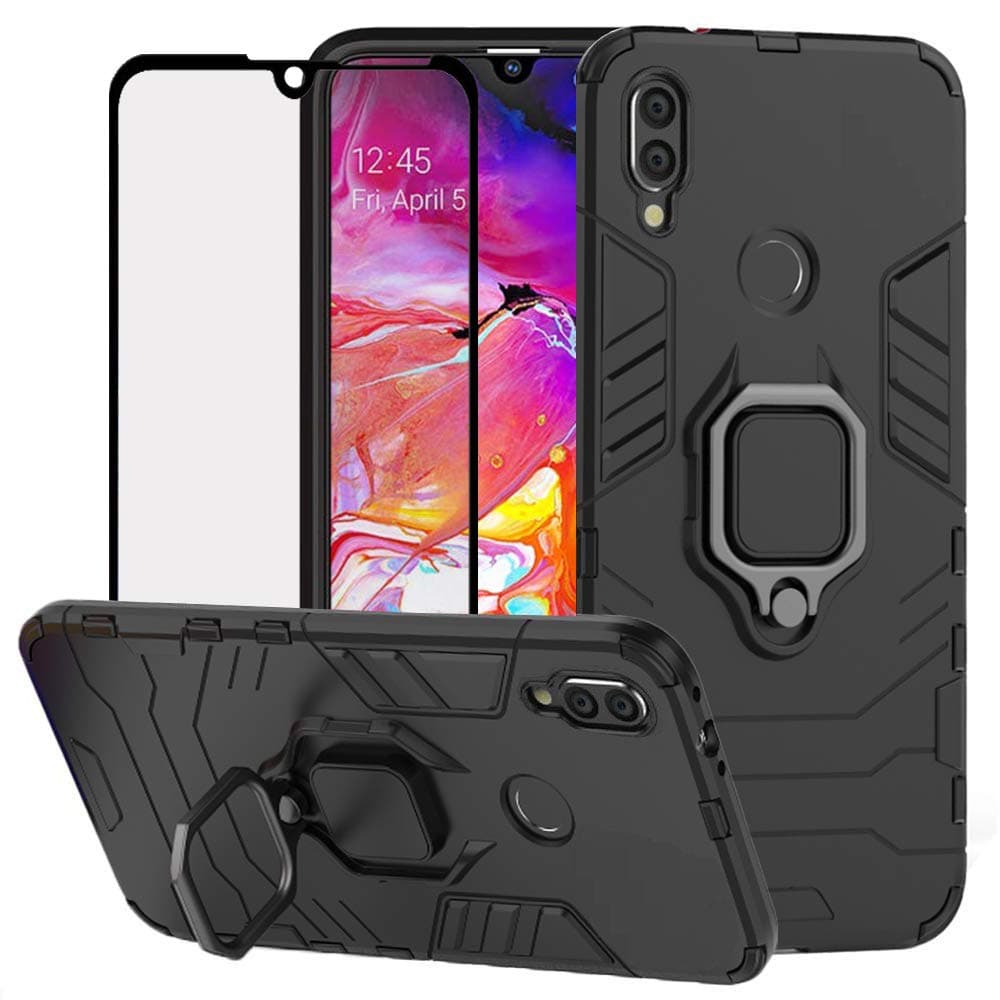 DuoLide for Huawei Y7 2019 / Y7 Prime 2019 Case,2 in 1 Hybrid Heavy Duty Armor Shockproof Defender Kickstand Dual Layer Bumper Hard Back Case Cover Tempered Glass Screen Protector，Black