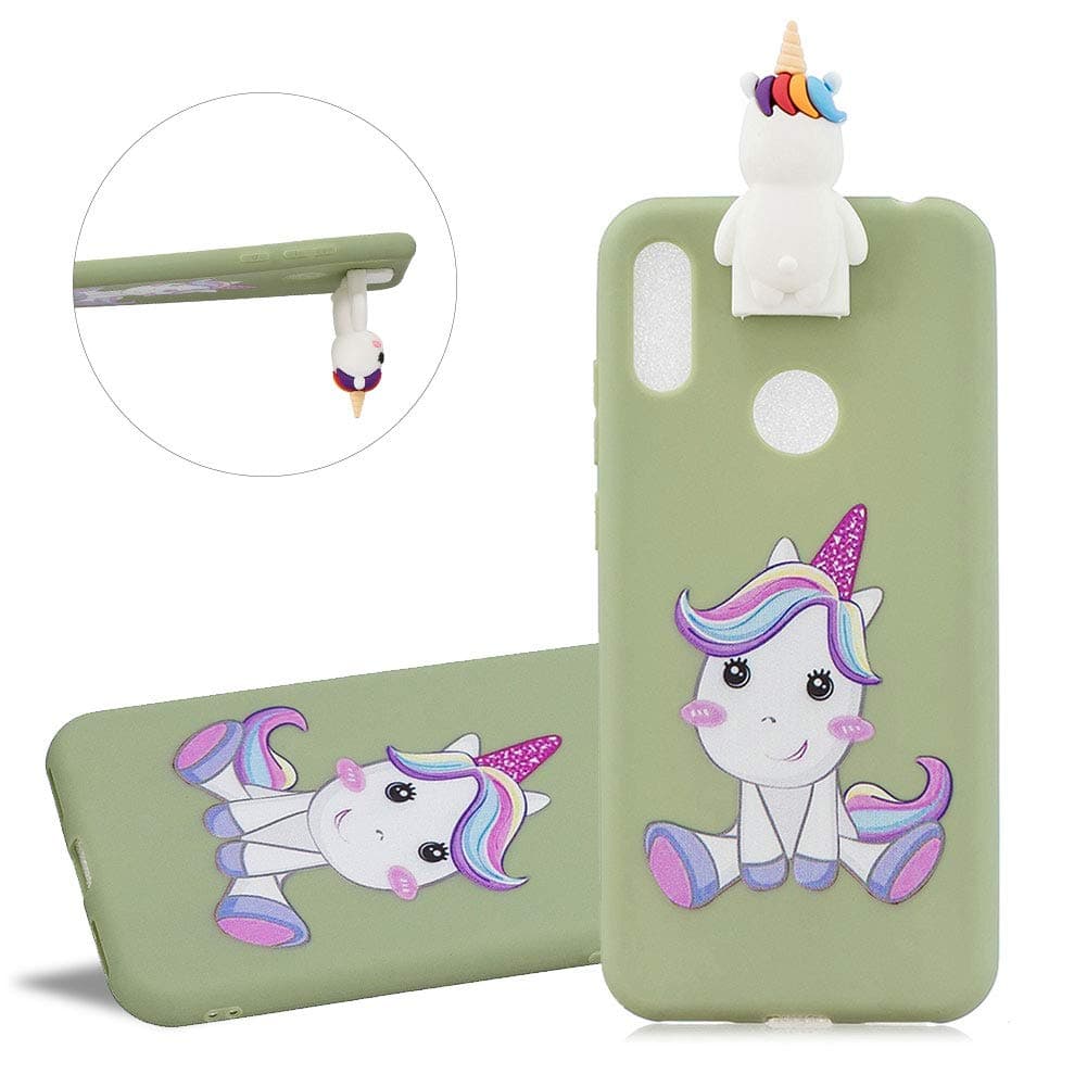 YiCTe 3D Cartoon Bracket Matte Plain Color TPU Case for Huawei Y6 2019,Cute Animal Character Stand,Adjustable Support,Soft Silicone Back Cover,Cute Unicorn,Light Cyan