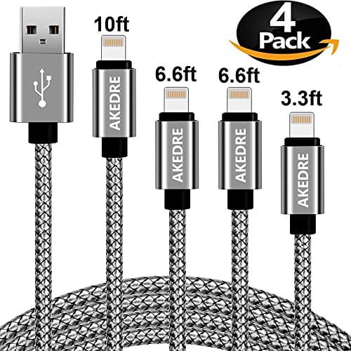 iPhone Charger, AKEDRE 4Pack [10FT 6.6FT 6.6FT 3.3FT] Nylon Braid Cord to USB Syncing iPhone Charger and Charging Cable,for iPhone X / 8/8 Plus /7/7 Plus/6/6 Plus/6s/6s Plus/5/5s/5c/SE