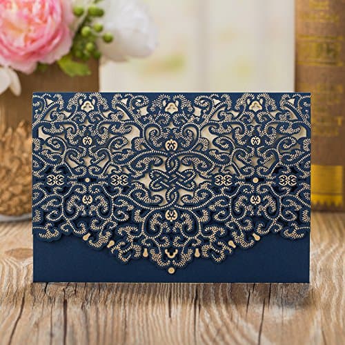 50-Packed Laser Cut Invitations Cards Kit, Printable for Wedding, Bridal Shower, with Envelopes and Seal Sticker (Navy Blue)