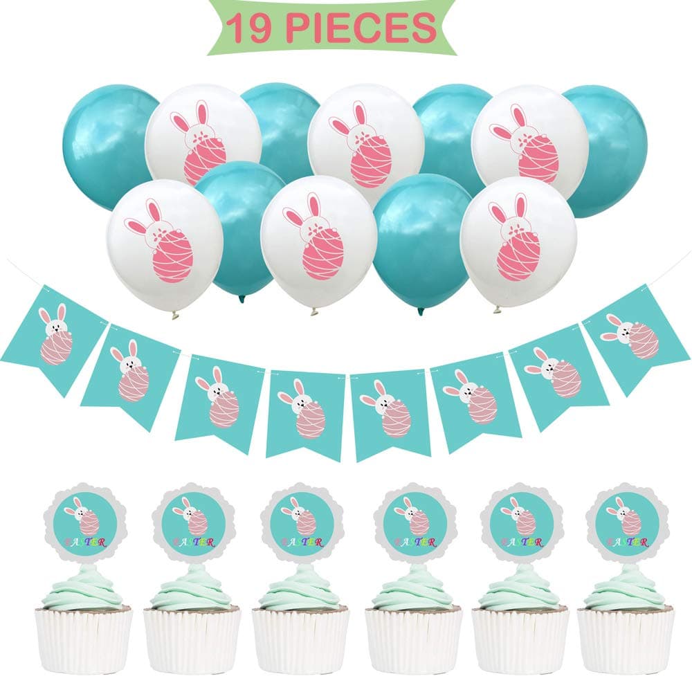 NOZOMI 19Pcs Easter Balloons Decorations, Easter Bunting, Banners and Cupcake Topper with Bunny Egg Pattern for Party Decorations Easter Day Home Decor