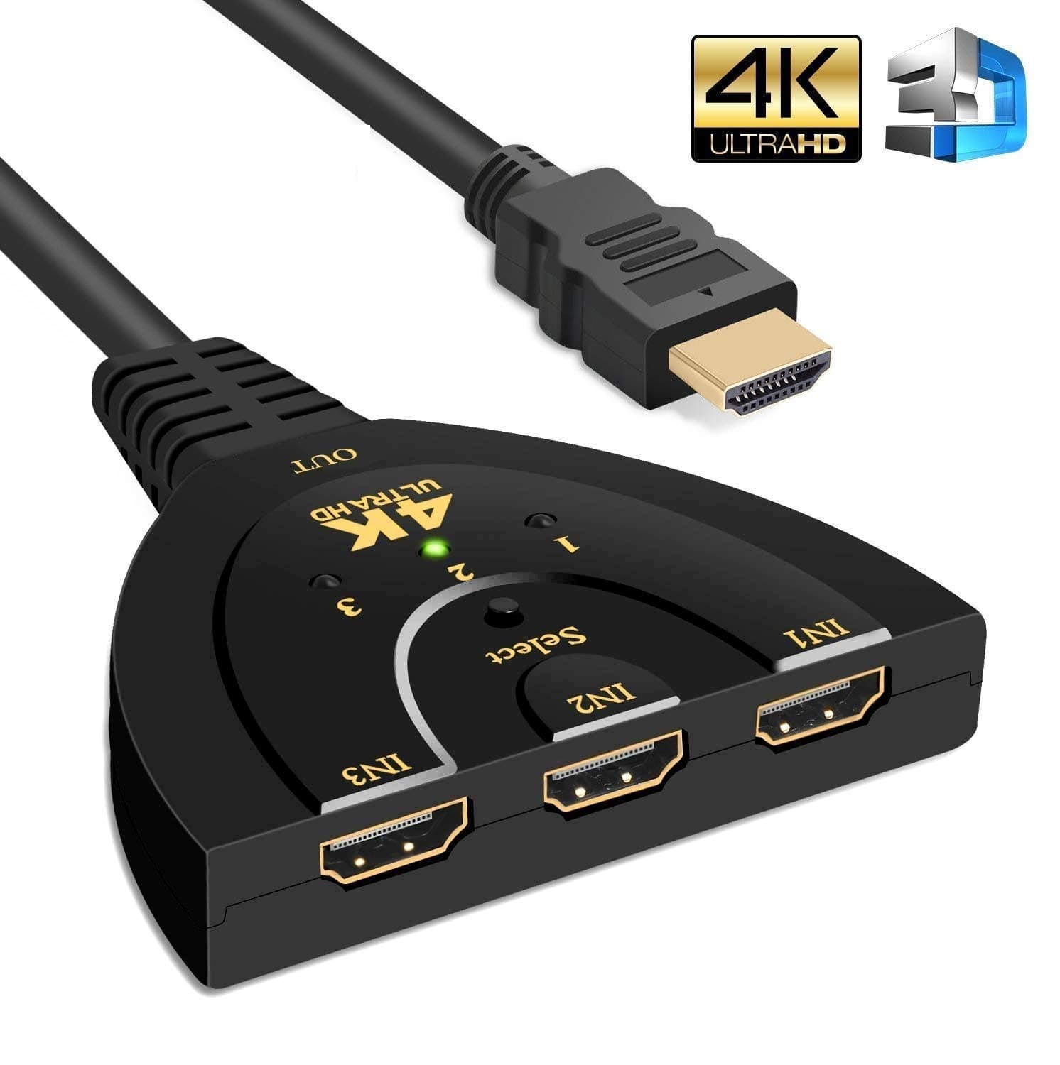 eErlik Upgraded HDMI 3 Port HDMI Switch, 3 Input 1 Output HDMI Switcher Supports Full HD 4K 1080p Compatible with Fire Stick