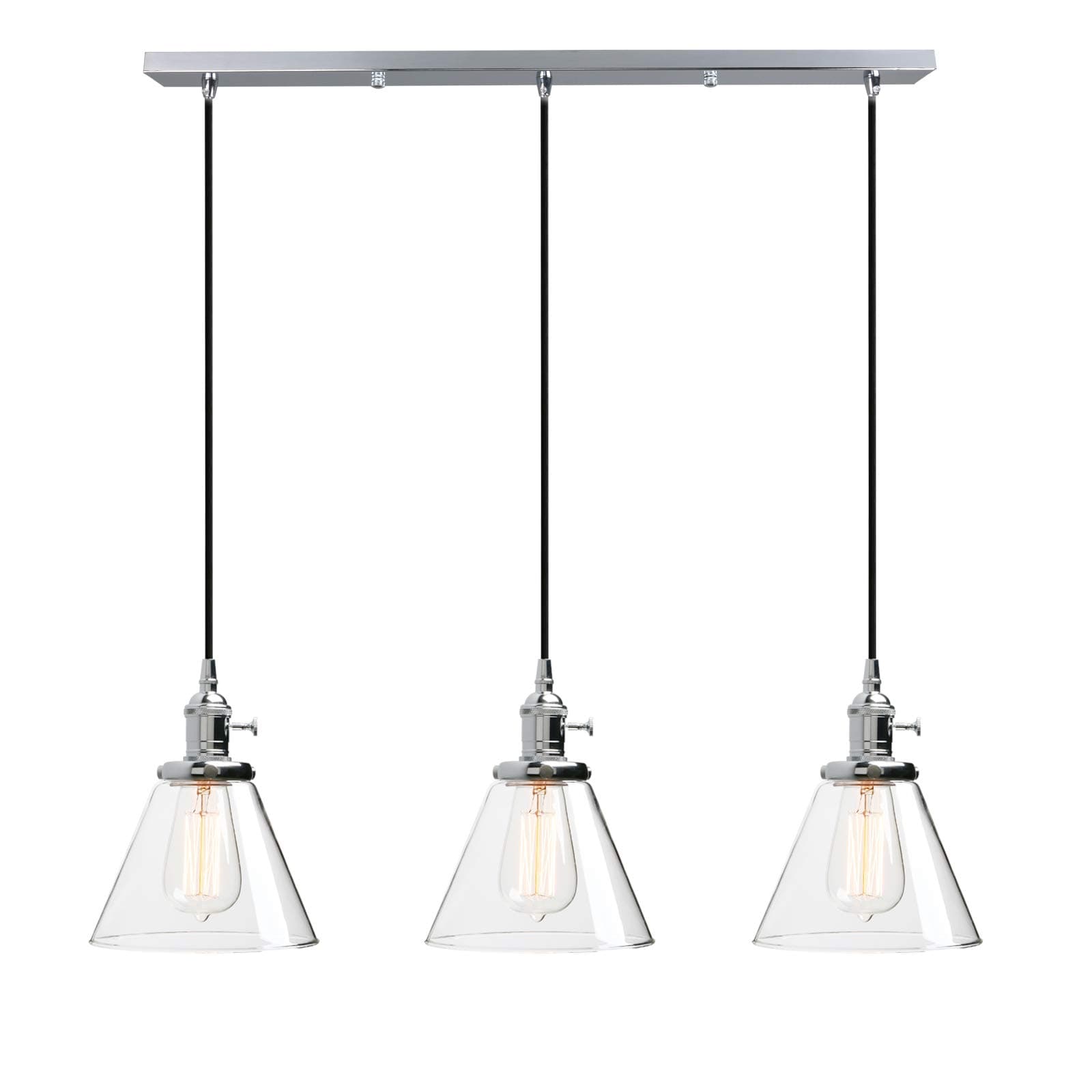 Phansthy Industrial Pendant Light Fitting with Switch 3 Light Edison Ceiling Hanging Lamp with Funnel Clear Glass Shade Cluster Chandelier Fixture Ceiling Light for Dining Room Living Room (Chrome)